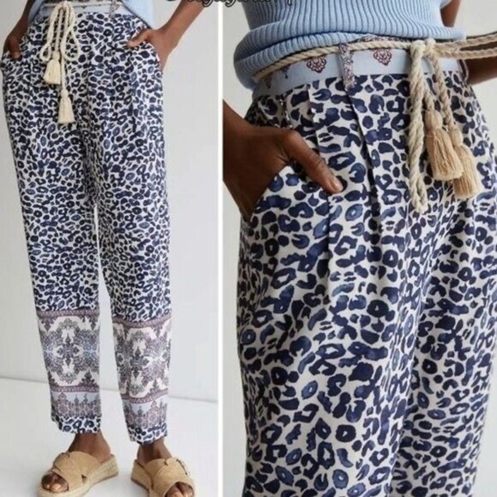 Anthropologie Leopard Print Ollari Pants with Rope Tassel Tie